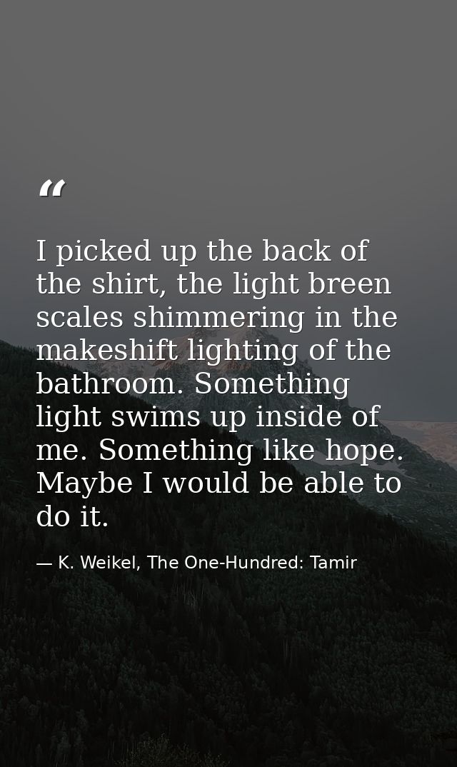 I picked up the back of the shirt, the light breen scales shimmering in the makeshift lighting of the bathroom. Somethin — K. Weikel, The One-Hundred: Tamir