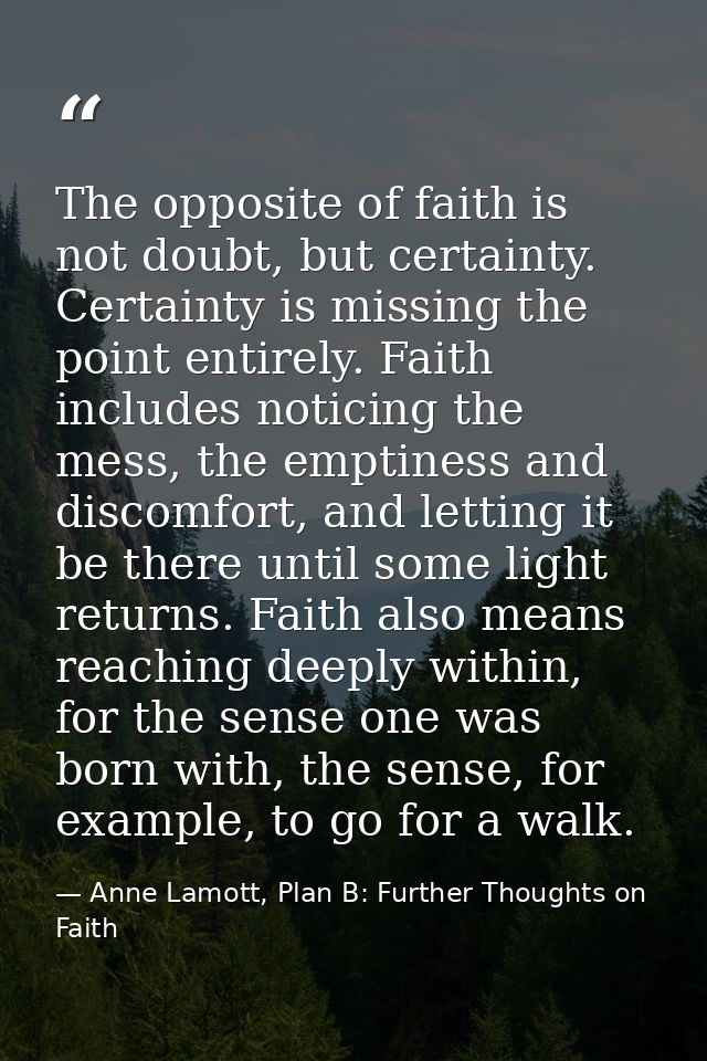 The opposite of faith is not doubt, but certainty. Certainty is missing the point entirely. Faith includes noticing the  — Anne Lamott, Plan B: Further Thoughts on Faith