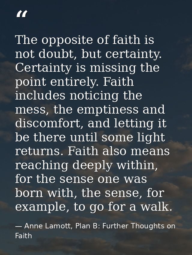 The opposite of faith is not doubt, but certainty. Certainty is missing the point entirely. Faith includes noticing the  — Anne Lamott, Plan B: Further Thoughts on Faith