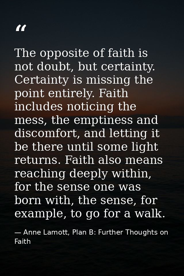 The opposite of faith is not doubt, but certainty. Certainty is missing the point entirely. Faith includes noticing the  — Anne Lamott, Plan B: Further Thoughts on Faith