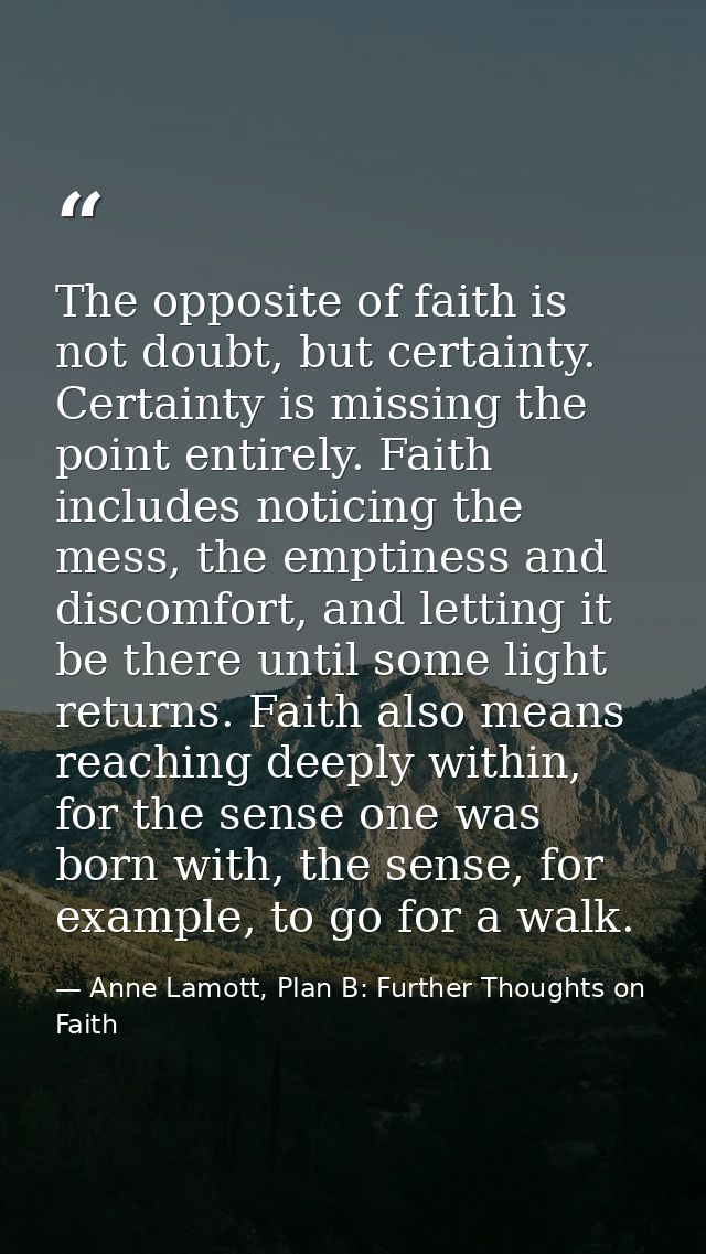 The opposite of faith is not doubt, but certainty. Certainty is missing the point entirely. Faith includes noticing the  — Anne Lamott, Plan B: Further Thoughts on Faith