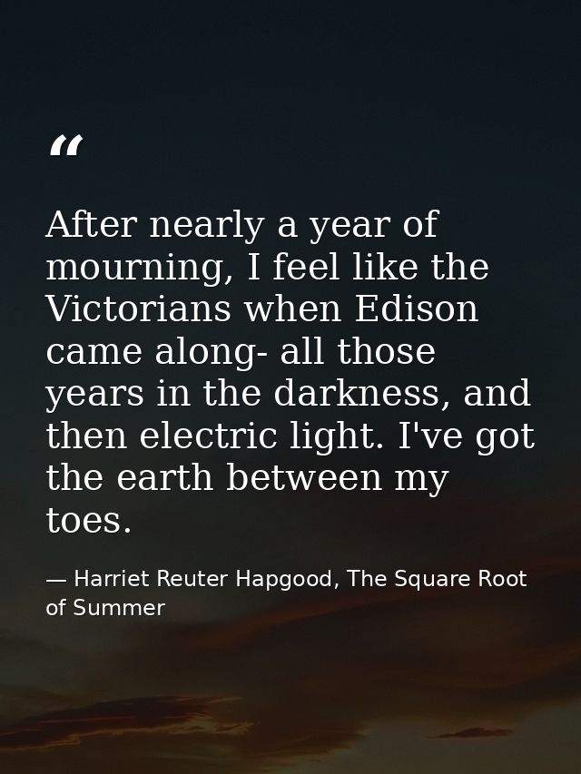 After nearly a year of mourning, I feel like the Victorians when Edison came along- all those years in the darkness, and — Harriet Reuter Hapgood, The Square Root of Summer