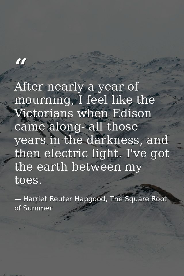 After nearly a year of mourning, I feel like the Victorians when Edison came along- all those years in the darkness, and — Harriet Reuter Hapgood, The Square Root of Summer