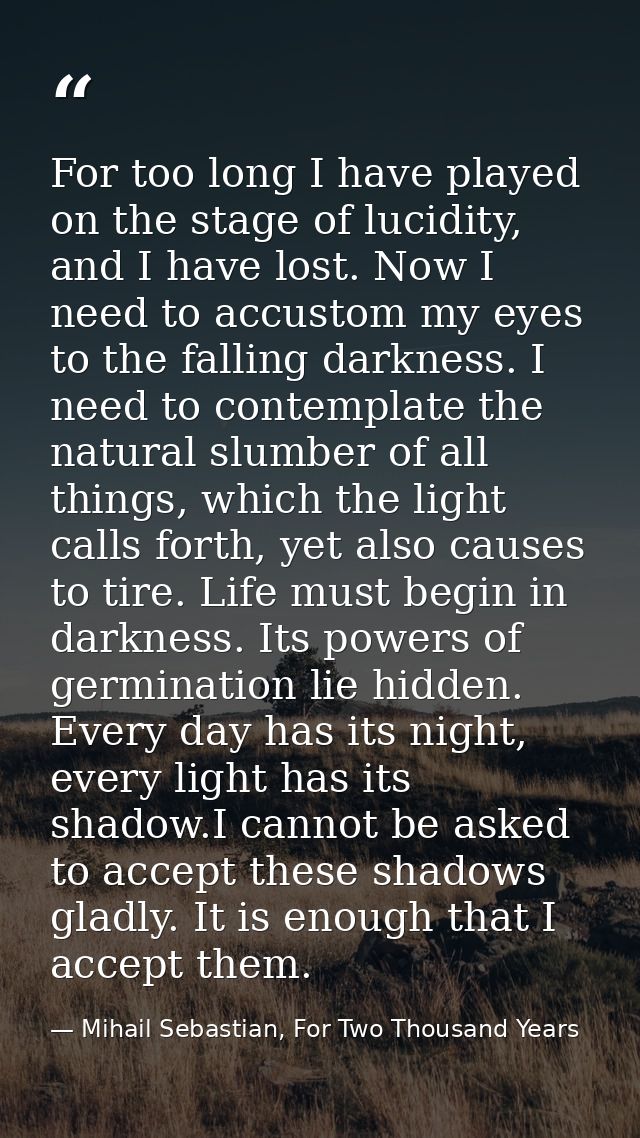 For too long I have played on the stage of lucidity, and I have lost. Now I need to accustom my eyes to the falling dark — Mihail Sebastian, For Two Thousand Years