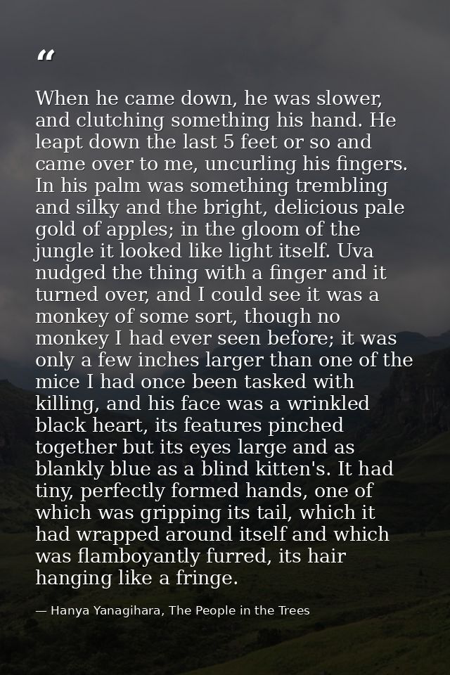 When he came down, he was slower, and clutching something his hand. He leapt down the last 5 feet or so and came over to — Hanya Yanagihara, The People in the Trees