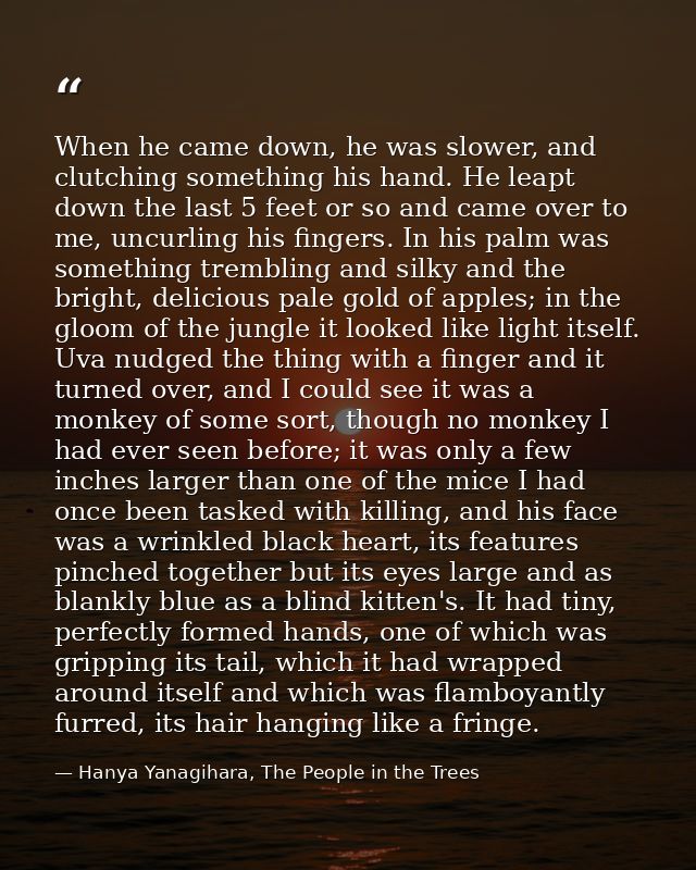 When he came down, he was slower, and clutching something his hand. He leapt down the last 5 feet or so and came over to — Hanya Yanagihara, The People in the Trees