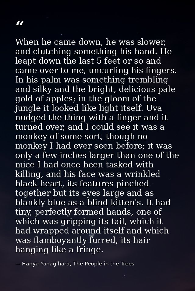 When he came down, he was slower, and clutching something his hand. He leapt down the last 5 feet or so and came over to — Hanya Yanagihara, The People in the Trees