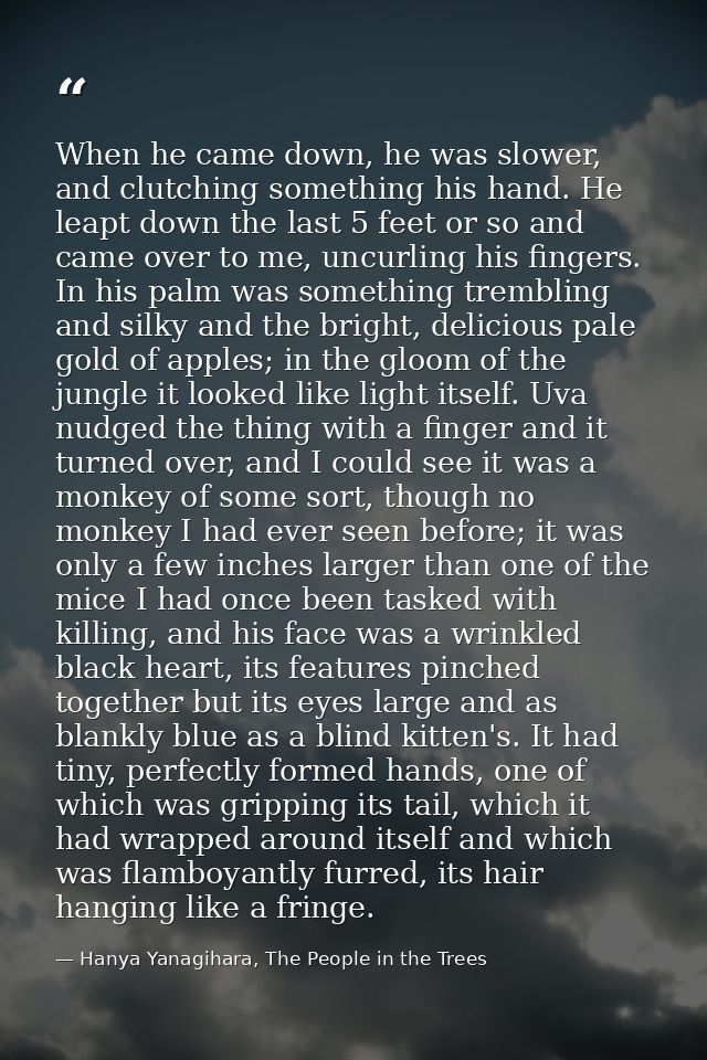 When he came down, he was slower, and clutching something his hand. He leapt down the last 5 feet or so and came over to — Hanya Yanagihara, The People in the Trees