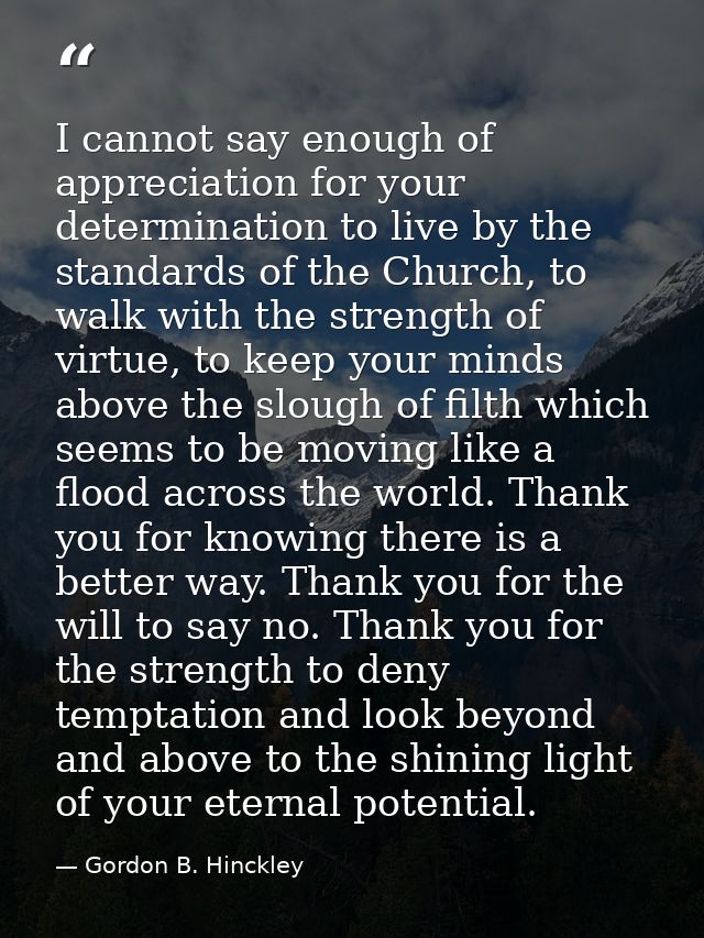 I cannot say enough of appreciation for your determination to live by the standards of the Church, to walk with the stre — Gordon B. Hinckley