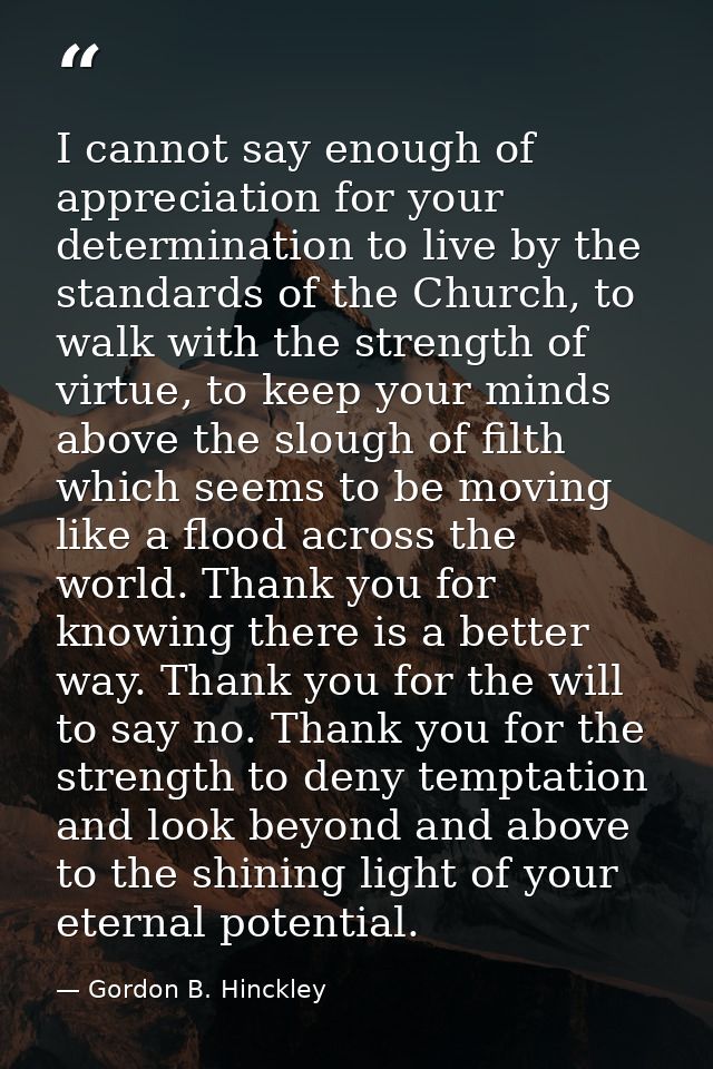 I cannot say enough of appreciation for your determination to live by the standards of the Church, to walk with the stre — Gordon B. Hinckley