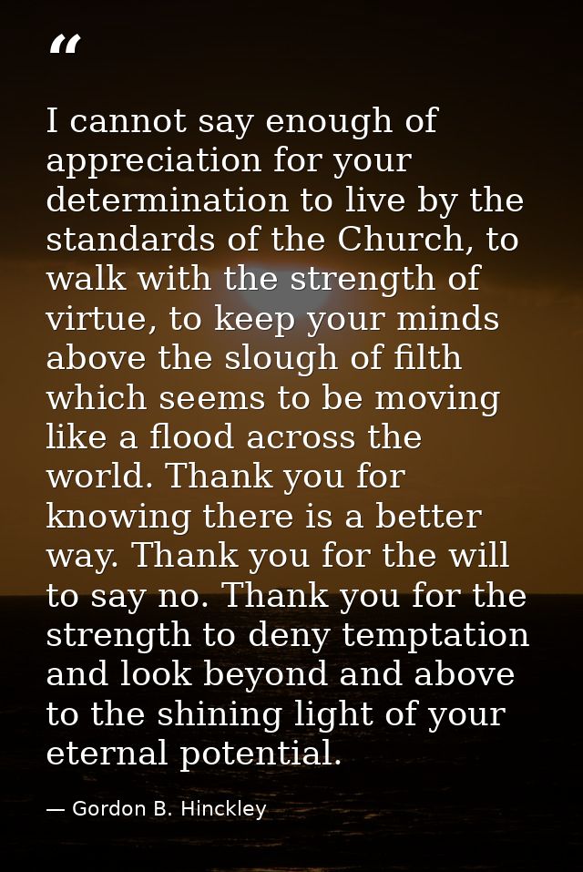 I cannot say enough of appreciation for your determination to live by the standards of the Church, to walk with the stre — Gordon B. Hinckley