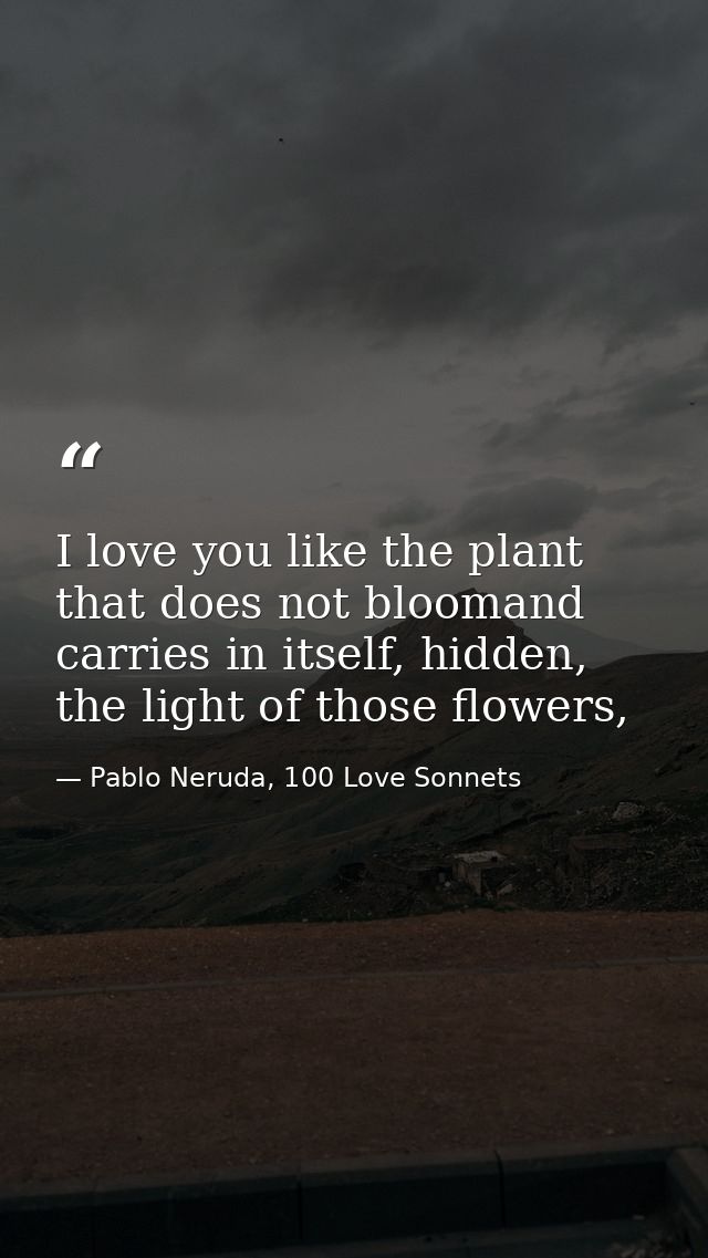 I love you like the plant that does not bloomand carries in itself, hidden, the light of those flowers, — Pablo Neruda, 100 Love Sonnets