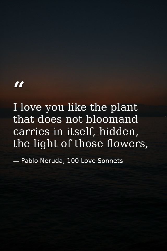 I love you like the plant that does not bloomand carries in itself, hidden, the light of those flowers, — Pablo Neruda, 100 Love Sonnets