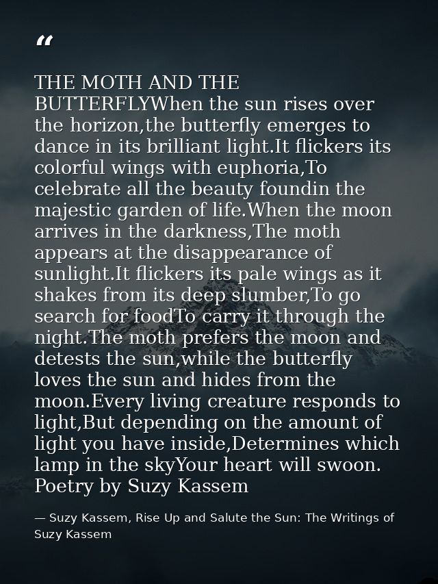 THE MOTH AND THE BUTTERFLYWhen the sun rises over the horizon,the butterfly emerges to dance in its brilliant light.It f — Suzy Kassem, Rise Up and Salute the Sun: The Writings of Suzy Kassem