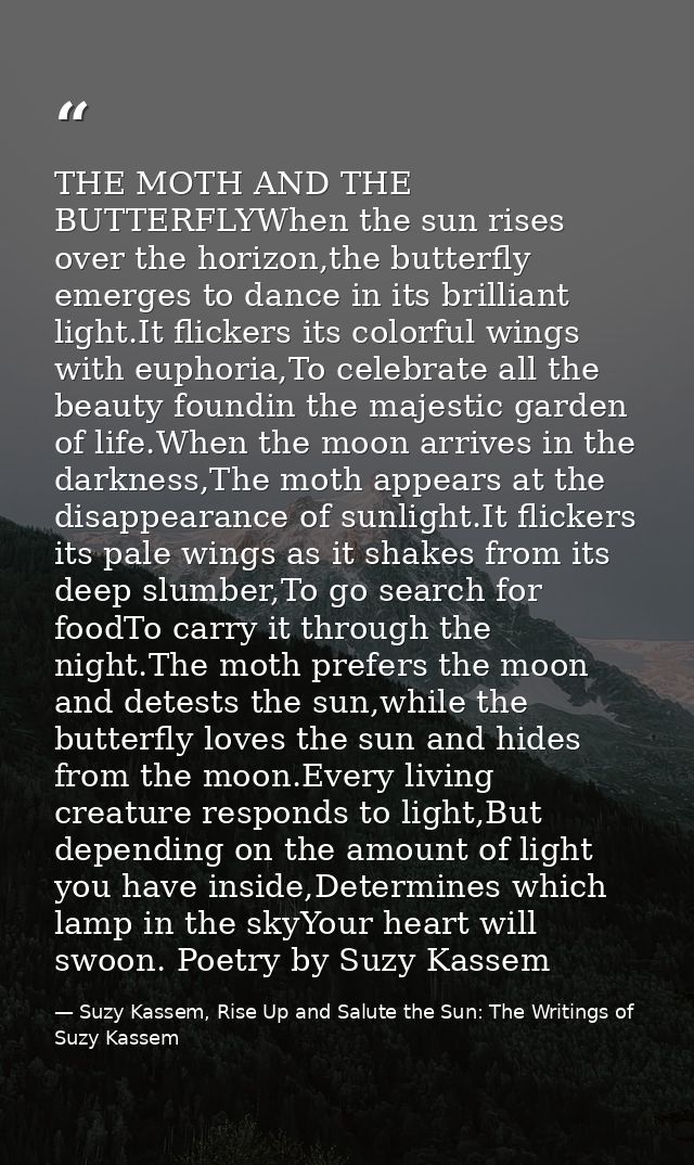 THE MOTH AND THE BUTTERFLYWhen the sun rises over the horizon,the butterfly emerges to dance in its brilliant light.It f — Suzy Kassem, Rise Up and Salute the Sun: The Writings of Suzy Kassem