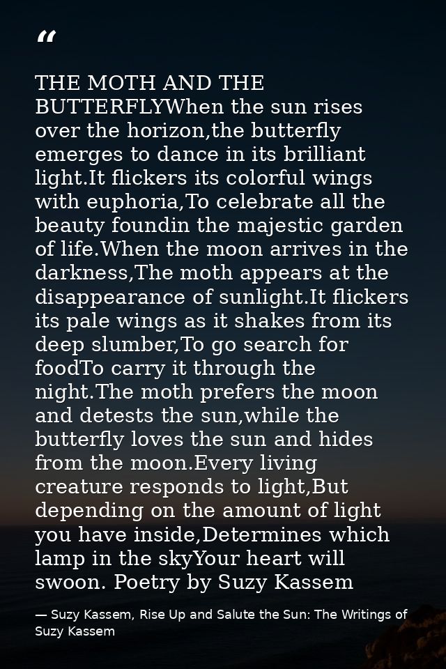 THE MOTH AND THE BUTTERFLYWhen the sun rises over the horizon,the butterfly emerges to dance in its brilliant light.It f — Suzy Kassem, Rise Up and Salute the Sun: The Writings of Suzy Kassem
