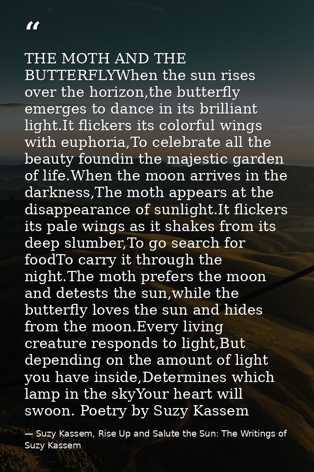 THE MOTH AND THE BUTTERFLYWhen the sun rises over the horizon,the butterfly emerges to dance in its brilliant light.It f — Suzy Kassem, Rise Up and Salute the Sun: The Writings of Suzy Kassem