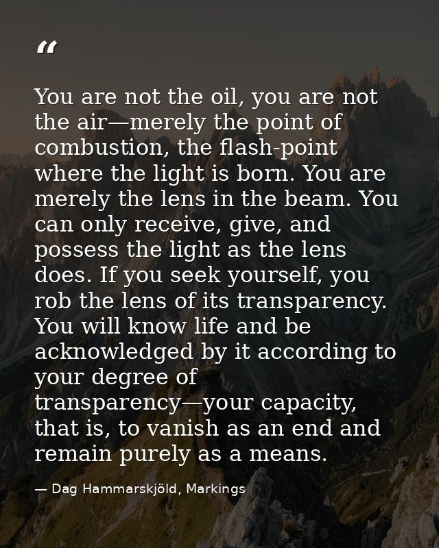 You are not the oil, you are not the air—merely the point of combustion, the flash-point where the light is born. You ar — Dag Hammarskjöld, Markings