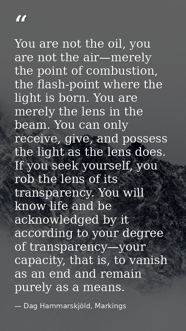 You are not the oil, you are not the air—merely the point of combustion, the flash-point where the light is born. You ar — Dag Hammarskjöld, Markings