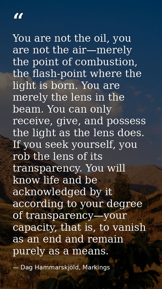 You are not the oil, you are not the air—merely the point of combustion, the flash-point where the light is born. You ar — Dag Hammarskjöld, Markings