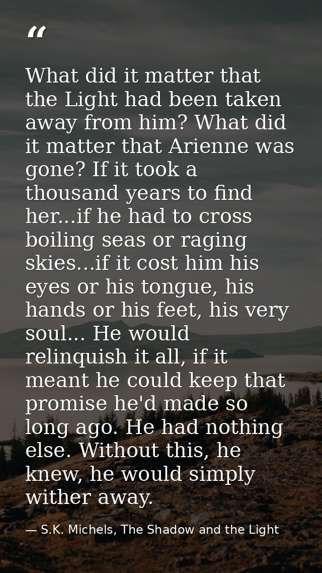What did it matter that the Light had been taken away from him? What did it matter that Arienne was gone? If it took a t — S.K. Michels, The Shadow and the Light