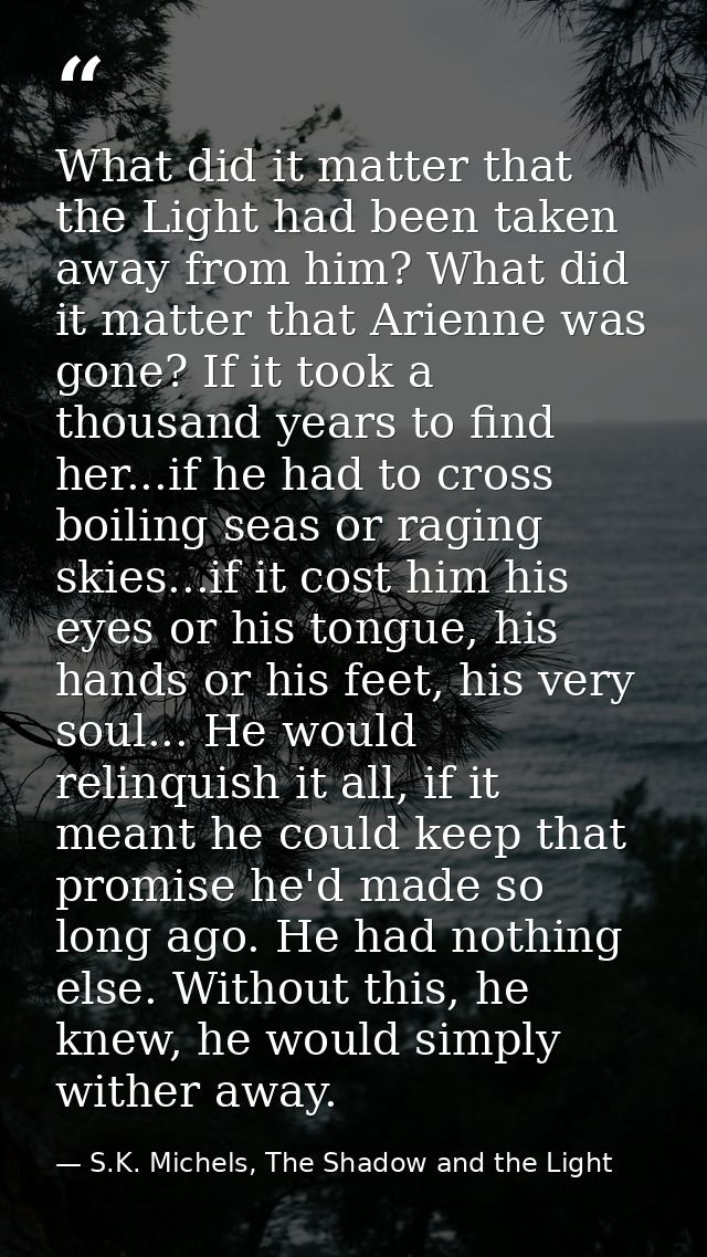 What did it matter that the Light had been taken away from him? What did it matter that Arienne was gone? If it took a t — S.K. Michels, The Shadow and the Light