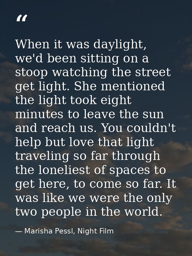 When it was daylight, we'd been sitting on a stoop watching the street get light. She mentioned the light took eight min — Marisha Pessl, Night Film