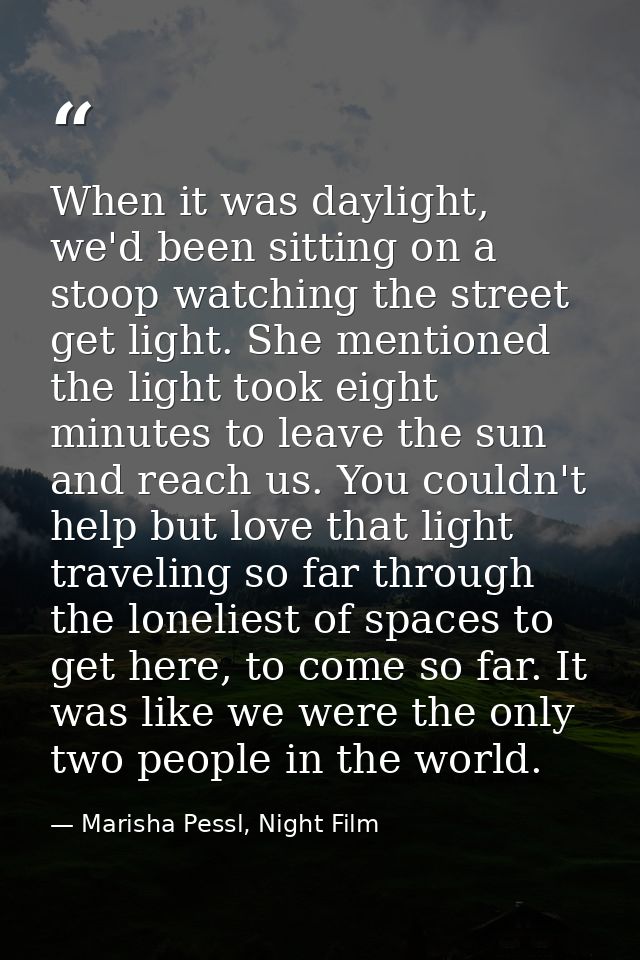 When it was daylight, we'd been sitting on a stoop watching the street get light. She mentioned the light took eight min — Marisha Pessl, Night Film