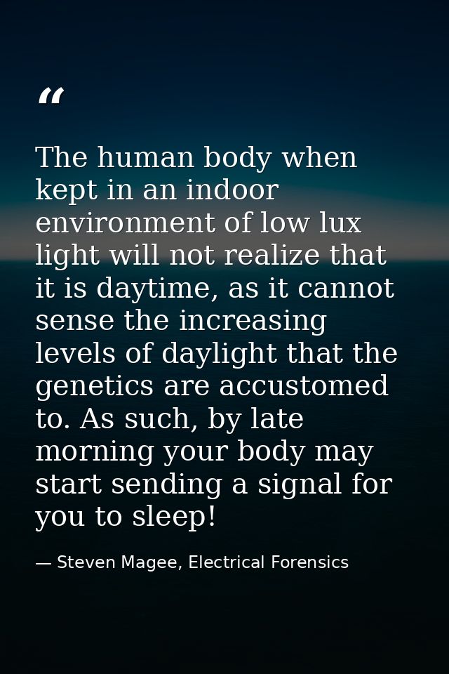 The human body when kept in an indoor environment of low lux light will not realize that it is daytime, as it cannot sen — Steven Magee, Electrical Forensics