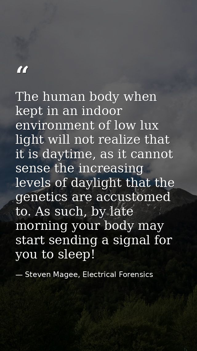 The human body when kept in an indoor environment of low lux light will not realize that it is daytime, as it cannot sen — Steven Magee, Electrical Forensics