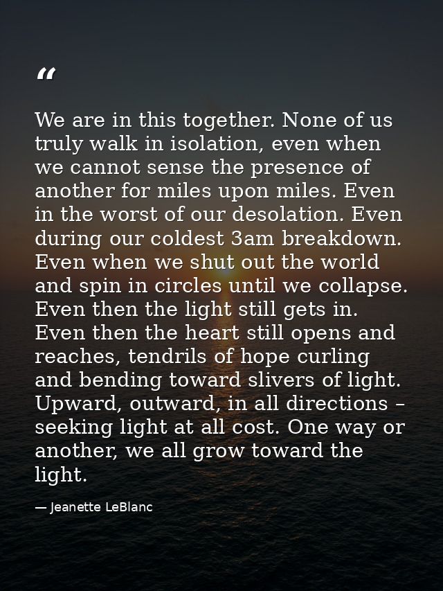 We are in this together. None of us truly walk in isolation, even when we cannot sense the presence of another for miles — Jeanette LeBlanc
