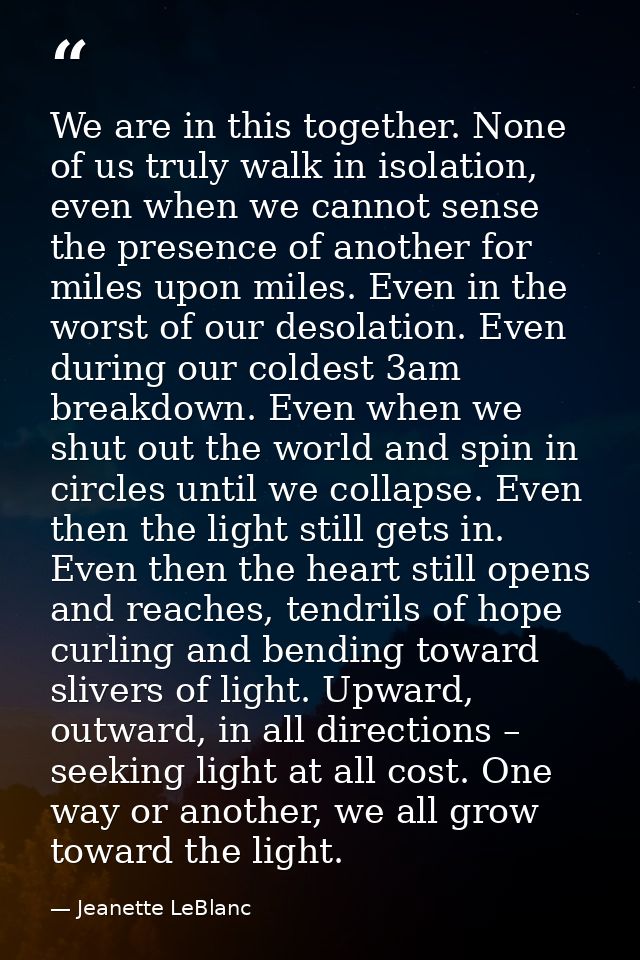 We are in this together. None of us truly walk in isolation, even when we cannot sense the presence of another for miles — Jeanette LeBlanc