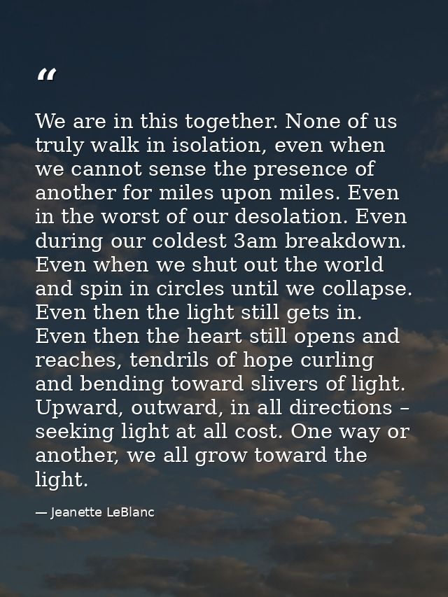 We are in this together. None of us truly walk in isolation, even when we cannot sense the presence of another for miles — Jeanette LeBlanc