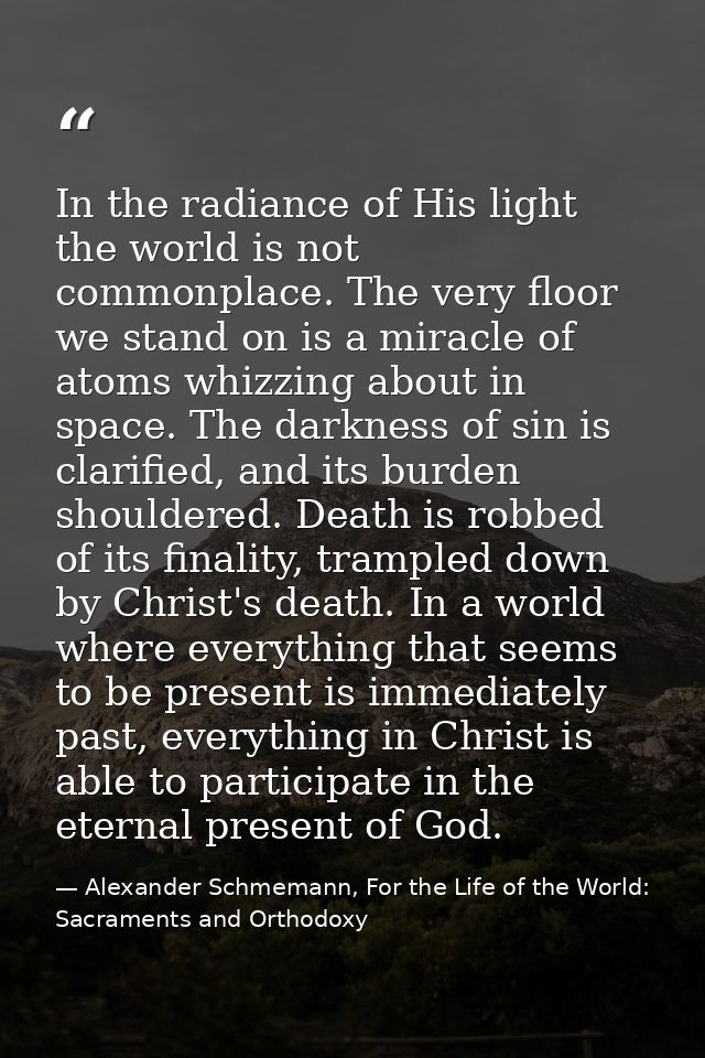 In the radiance of His light the world is not commonplace. The very floor we stand on is a miracle of atoms whizzing abo — Alexander Schmemann, For the Life of the World: Sacraments and Orthodoxy