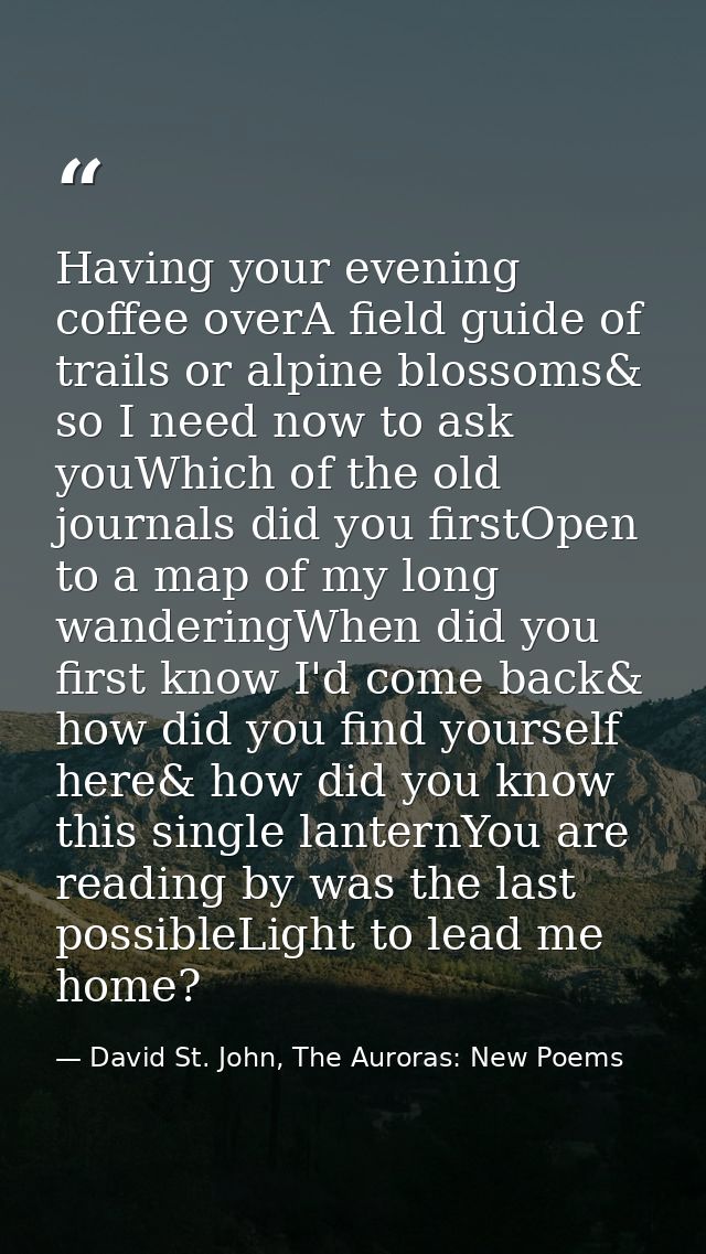 Having your evening coffee overA field guide of trails or alpine blossoms& so I need now to ask youWhich of the old jour — David St. John, The Auroras: New Poems