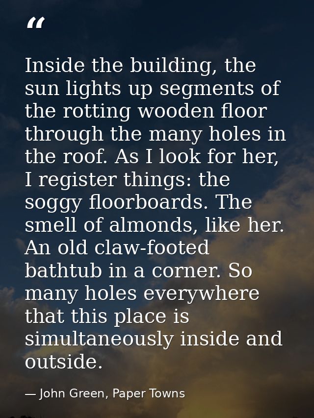 Inside the building, the sun lights up segments of the rotting wooden floor through the many holes in the roof. As I loo — John Green, Paper Towns