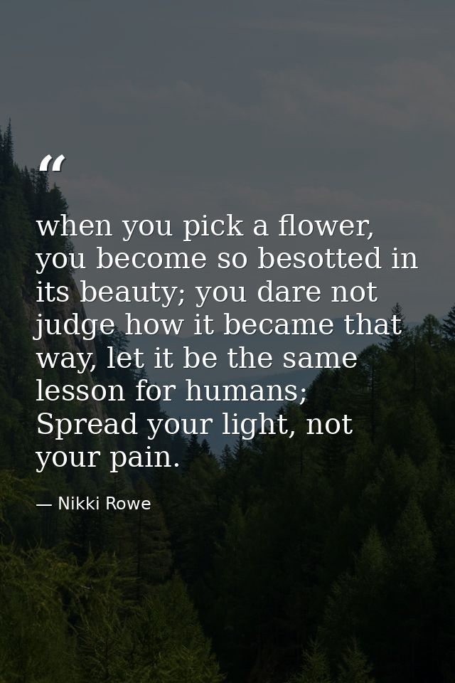 when you pick a flower, you become so besotted in its beauty; you dare not judge how it became that way, let it be the s — Nikki Rowe