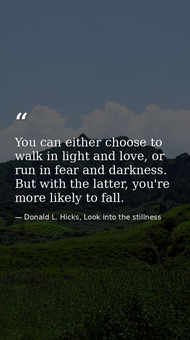 You can either choose to walk in light and love, or run in fear and darkness. But with the latter, you're more likely to — Donald L. Hicks, Look into the stillness