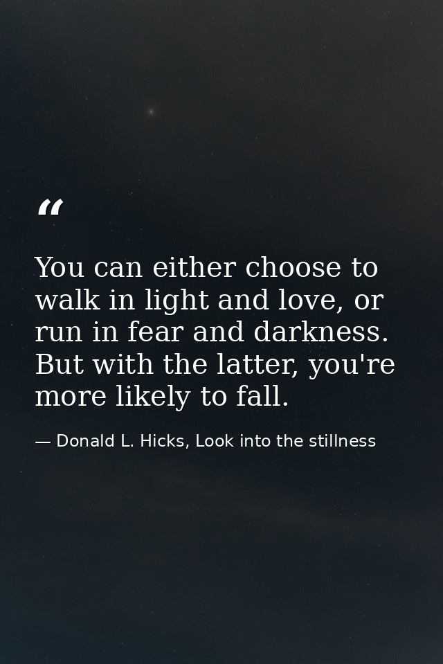 You can either choose to walk in light and love, or run in fear and darkness. But with the latter, you're more likely to — Donald L. Hicks, Look into the stillness