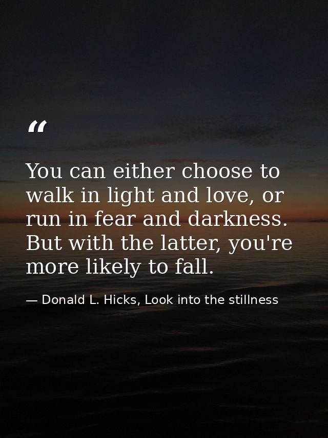 You can either choose to walk in light and love, or run in fear and darkness. But with the latter, you're more likely to — Donald L. Hicks, Look into the stillness