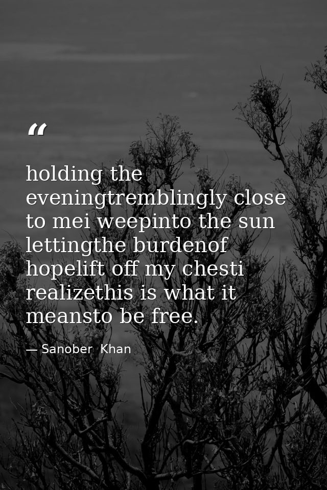 holding the eveningtremblingly close to mei weepinto the sun lettingthe burdenof hopelift off my chesti realizethis is w — Sanober  Khan