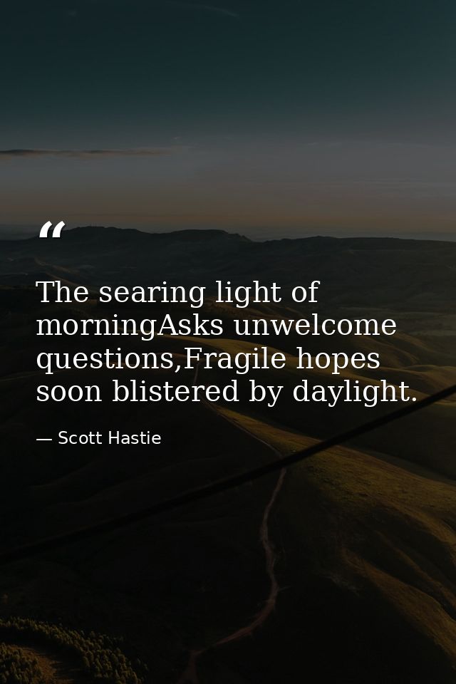 The searing light of morningAsks unwelcome questions,Fragile hopes soon blistered by daylight. — Scott Hastie