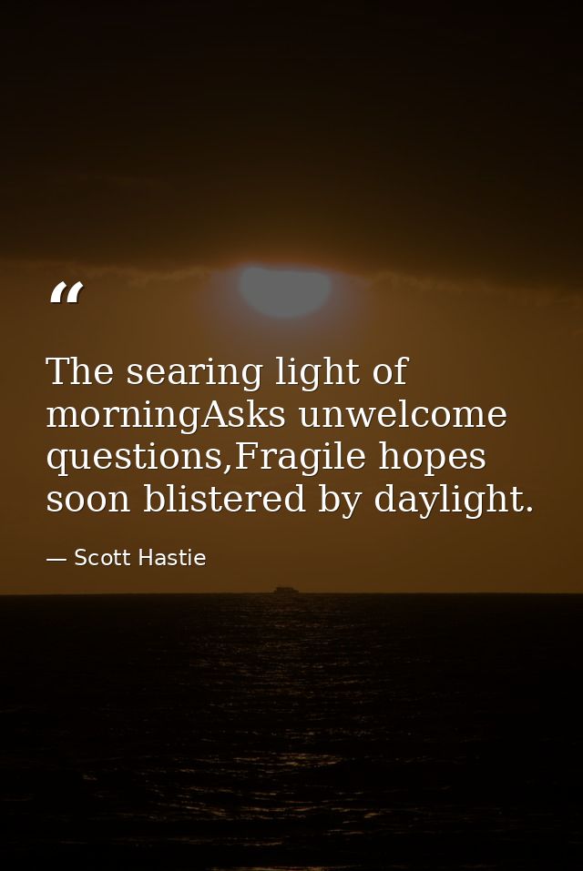 The searing light of morningAsks unwelcome questions,Fragile hopes soon blistered by daylight. — Scott Hastie