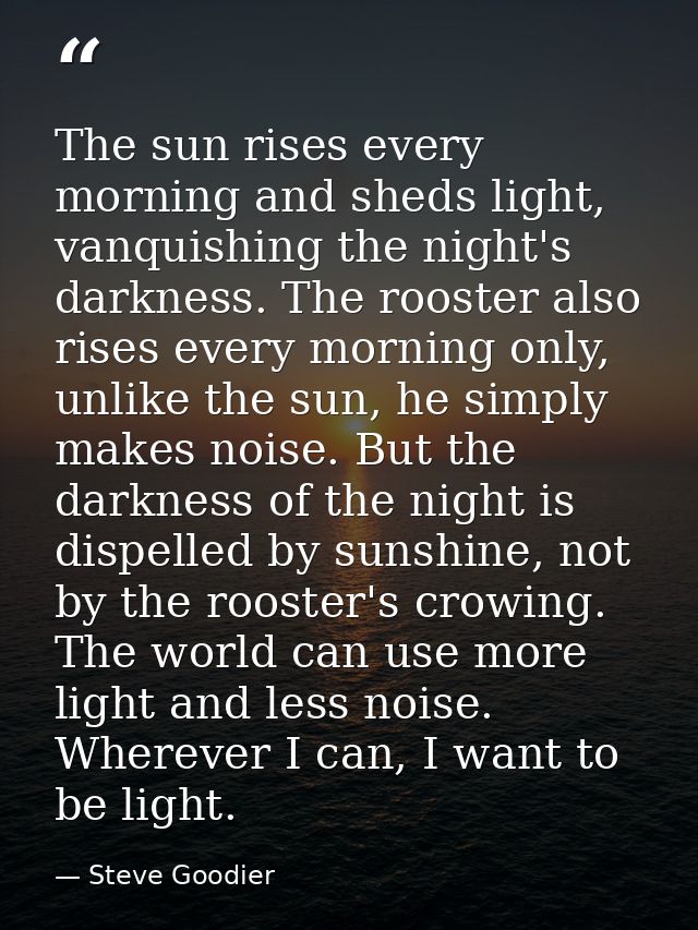 The sun rises every morning and sheds light, vanquishing the night's darkness. The rooster also rises every morning only — Steve Goodier