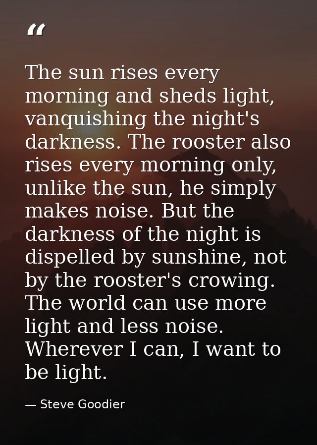 The sun rises every morning and sheds light, vanquishing the night's darkness. The rooster also rises every morning only — Steve Goodier