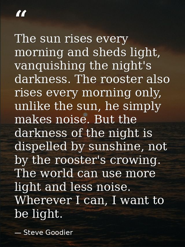 The sun rises every morning and sheds light, vanquishing the night's darkness. The rooster also rises every morning only — Steve Goodier