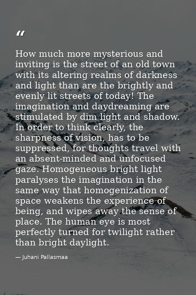 How much more mysterious and inviting is the street of an old town with its altering realms of darkness and light than a — Juhani Pallasmaa