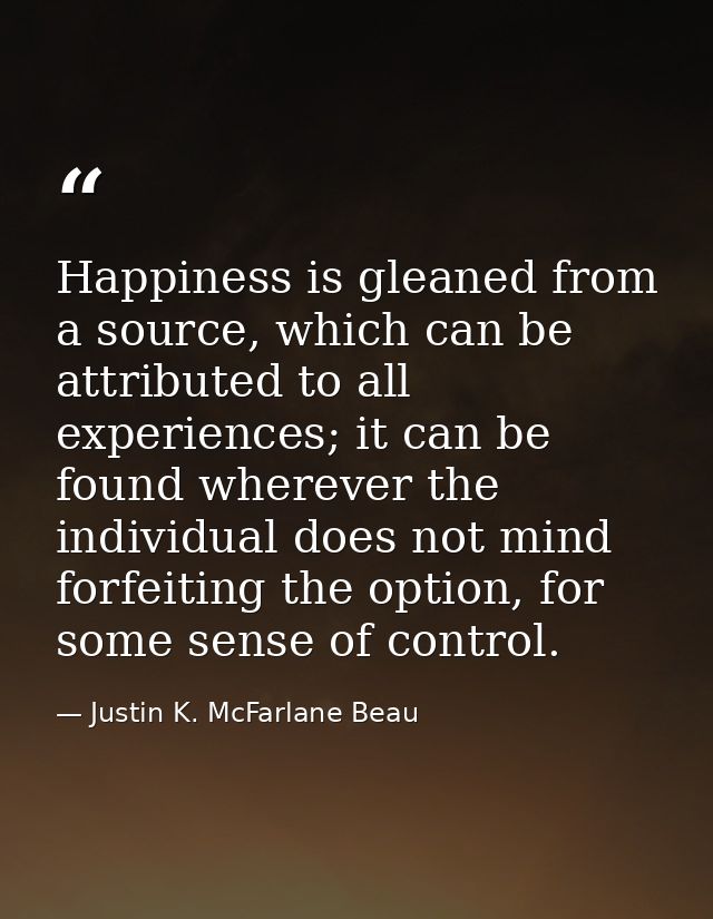 Happiness is gleaned from a source, which can be attributed to all experiences; it can be found wherever the individual  — Justin K. McFarlane Beau