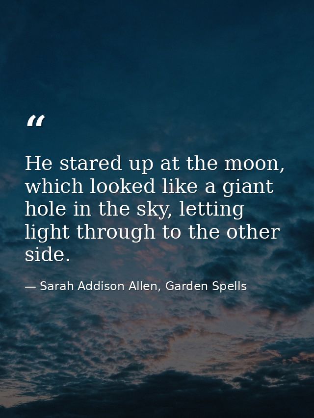 He stared up at the moon, which looked like a giant hole in the sky, letting light through to the other side. — Sarah Addison Allen, Garden Spells