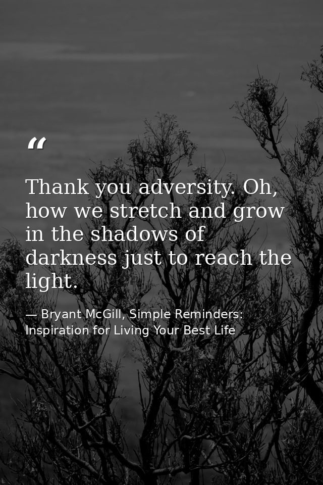 Thank you adversity. Oh, how we stretch and grow in the shadows of darkness just to reach the light. — Bryant McGill, Simple Reminders: Inspiration for Living Your Best Life